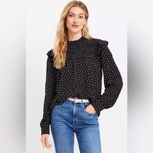 NWT Loft Black and White Dotted Smocked Ruffle Mock Neck Blouse Small